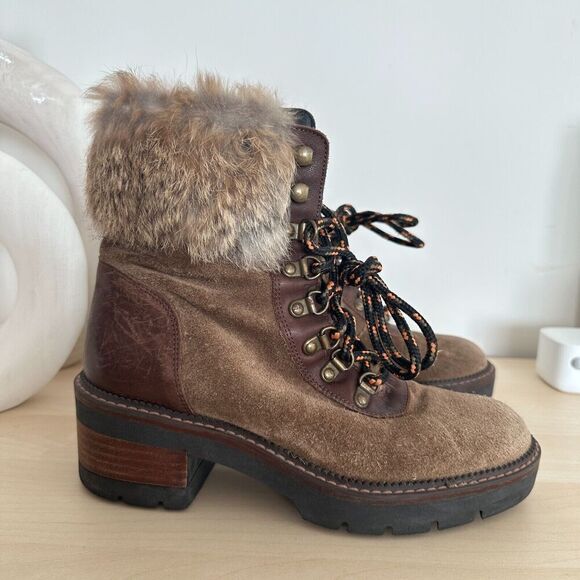 Suede Fur Hiking Boots Womens 7.5 Leather Lace Up Fur Shearling Block Heel EU 38 - Picture 1 of 16